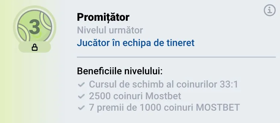 Карточка уровня программы лояльности Mostbet: курс обмена 33:1, 2500 коинов и 7 призов